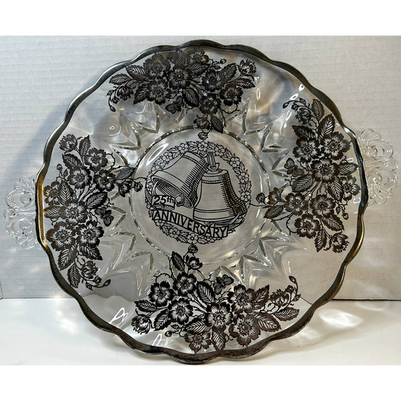 Silver City 25th Anniversary Glass Handled W/Silver Floral Overlay Cake Plate - Picture 2 of 5